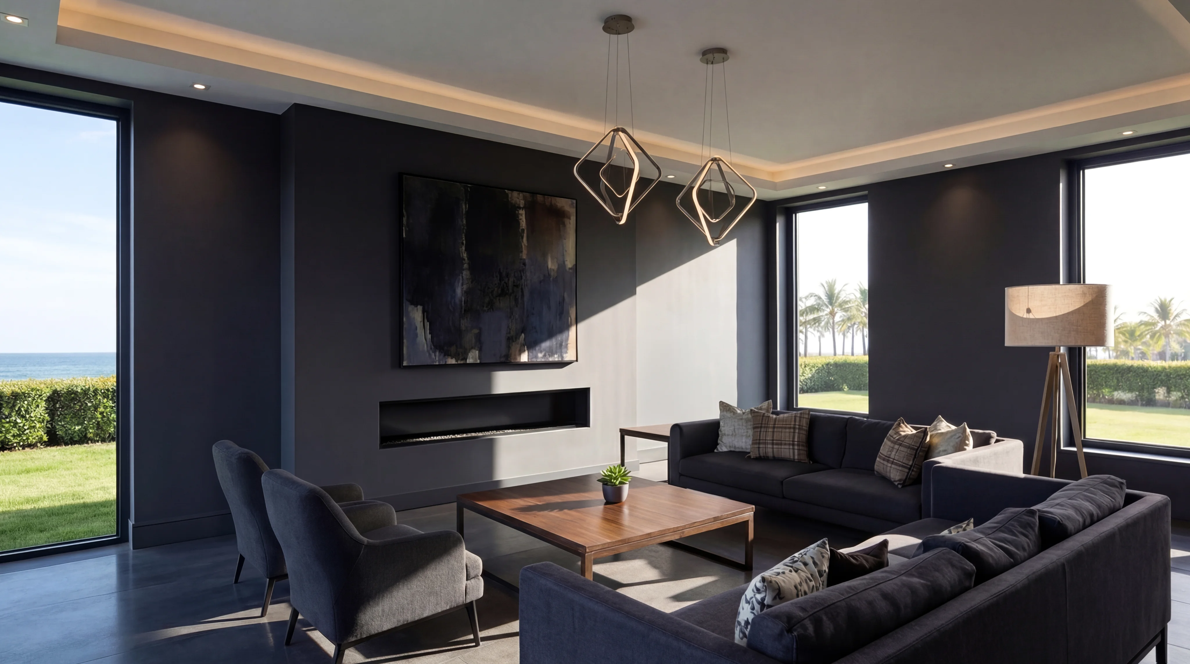 Modern living room with CLiC glass in clear transparent state showing outdoor view