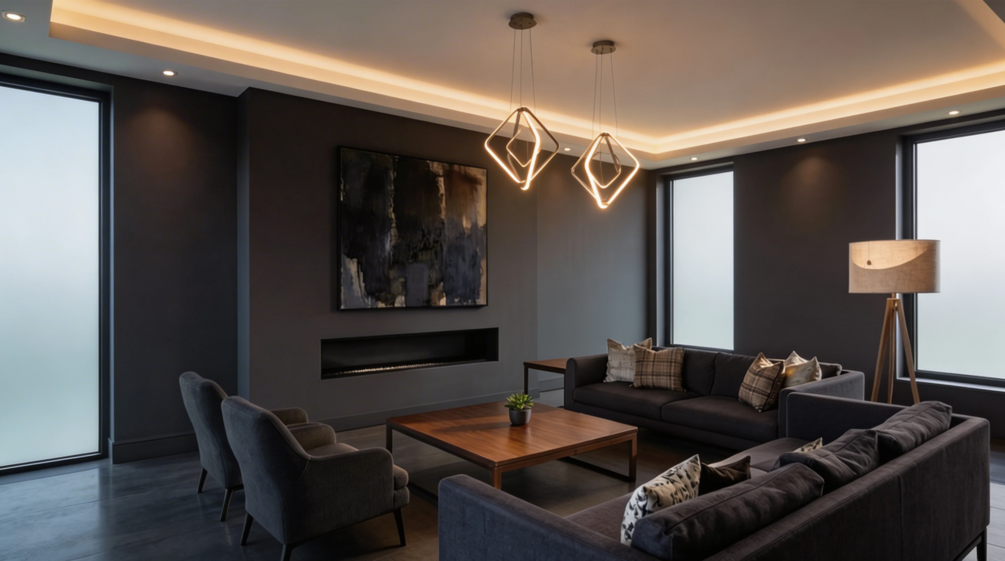 Modern living room with CLiC glass in translucent private state