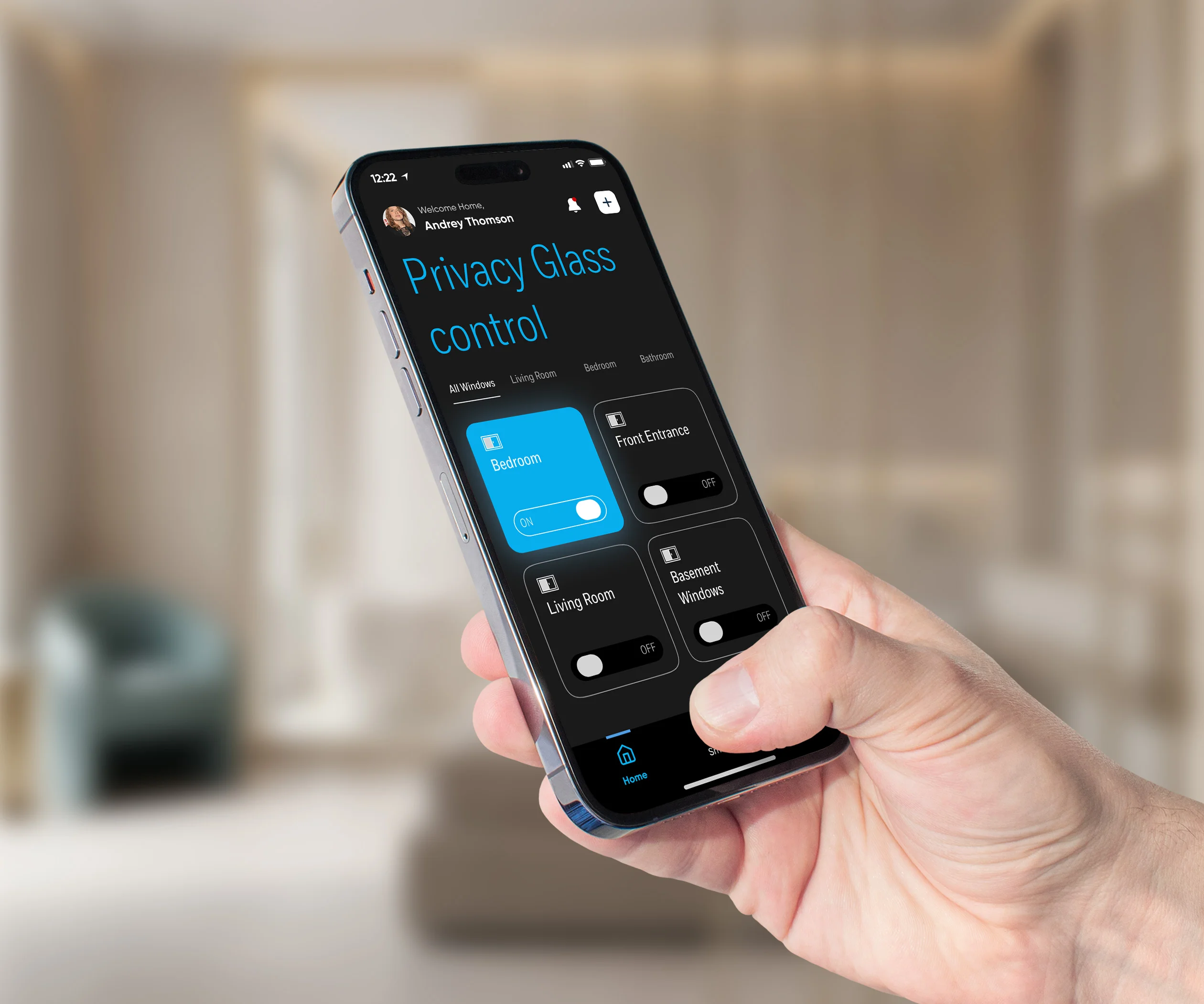 Hand holding phone with CLiC Privacy Glass Control app